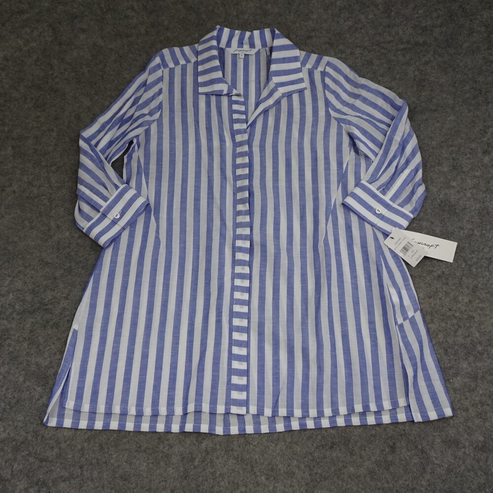 Foxcroft Shirt Womens 6 Blue White Button Up Linen Blend Striped Tunic Casual